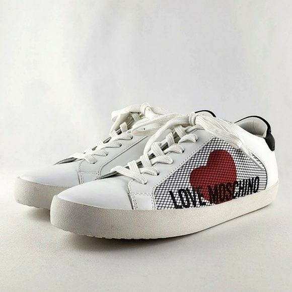 Love Moschino Women's White Black Leather Low Top Sneakers Logo Heart Sz 10/ 41 - Picture 5 of 16